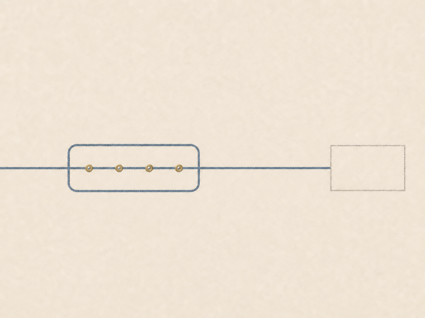 A blue line frames four brass moments already present while an empty frame waits ahead.
