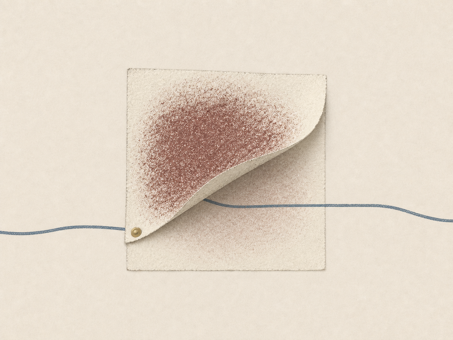 A stained paper layer lifts to reveal a calm blue line continuing beneath it.